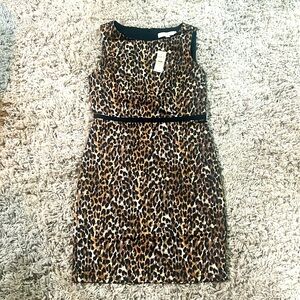 LOFT NWT SZ. 4P Cheetah Print woven Sleeves Dress w/ grosgrain ribbon waist
